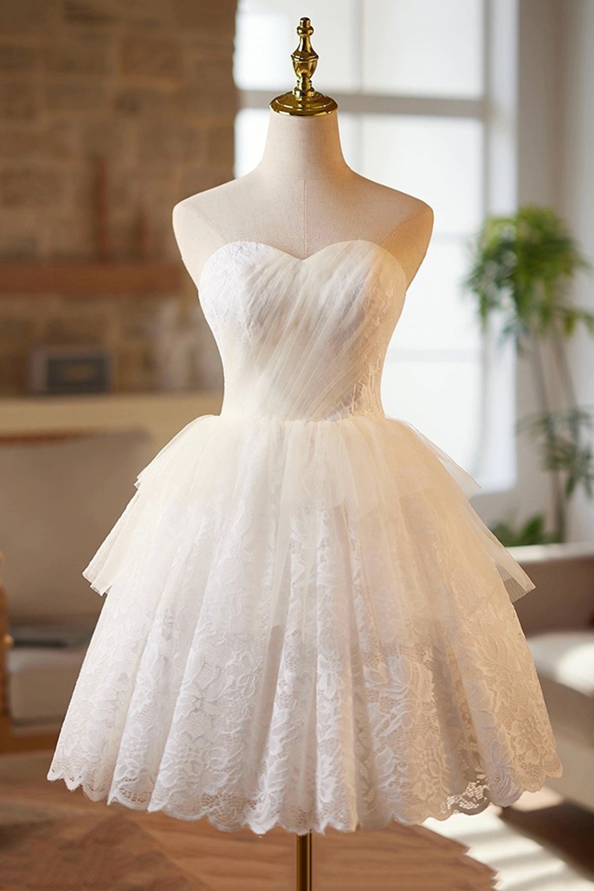 White Tulle Lace Knee Length Prom Dress, Lovely A-Line Evening Party D White Tulle Lace Knee Length Prom Dress, Lovely A-Line Evening Party D