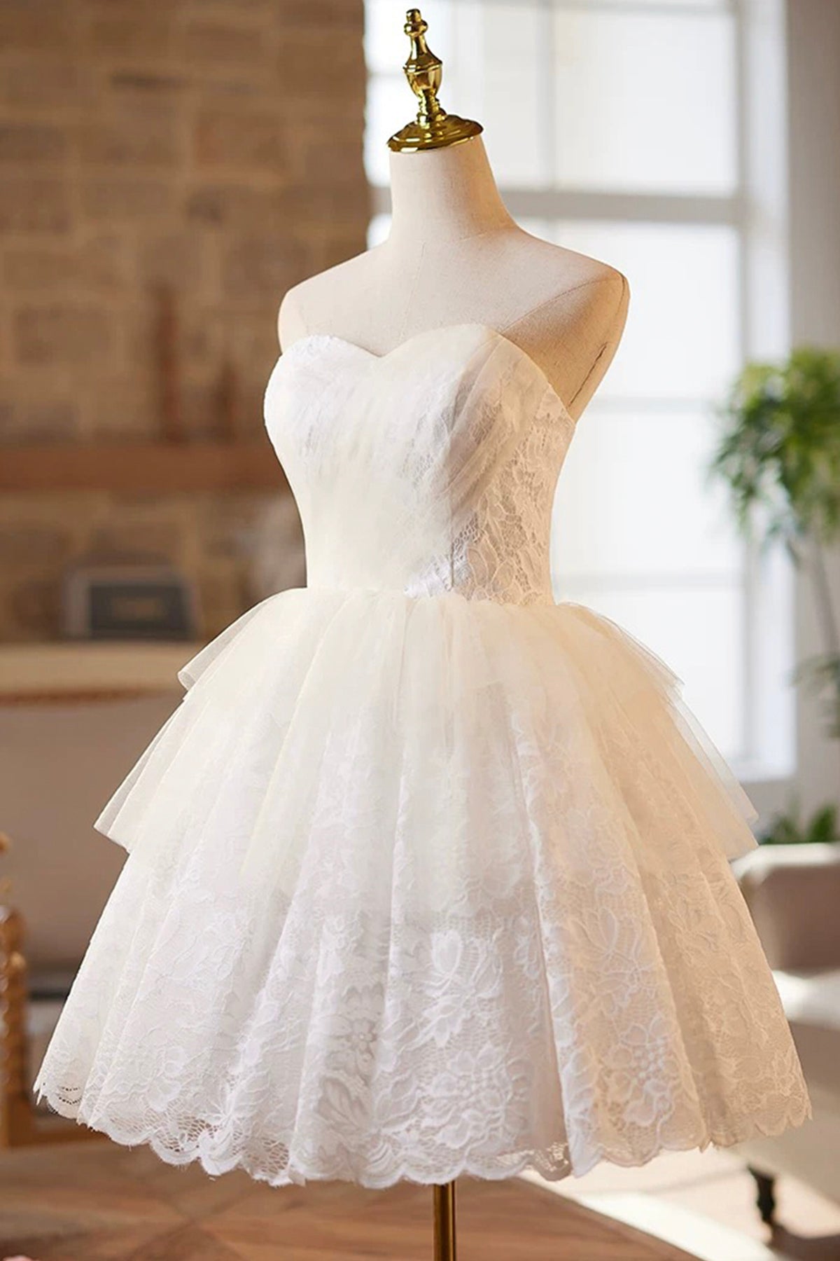 White Tulle Lace Knee Length Prom Dress, Lovely A-Line Evening Party Dress