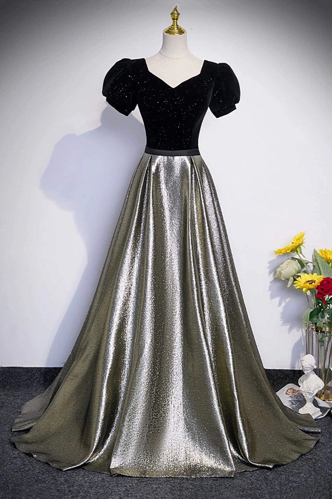 Black Velvet and Shiny Satin Long Prom Dress, Beautiful A-Line Evening Black Velvet and Shiny Satin Long Prom Dress, Beautiful A-Line Evening