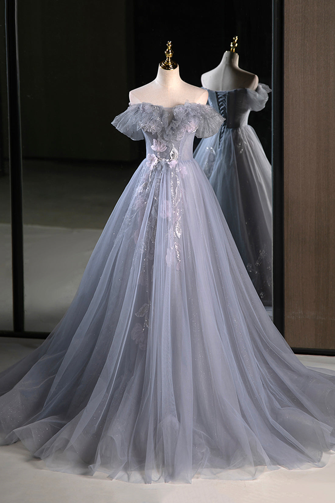 Gray Tulle Floor Length Prom Dress, Beautiful A-Line Off the Shoulder Gray Tulle Floor Length Prom Dress, Beautiful A-Line Off the Shoulder