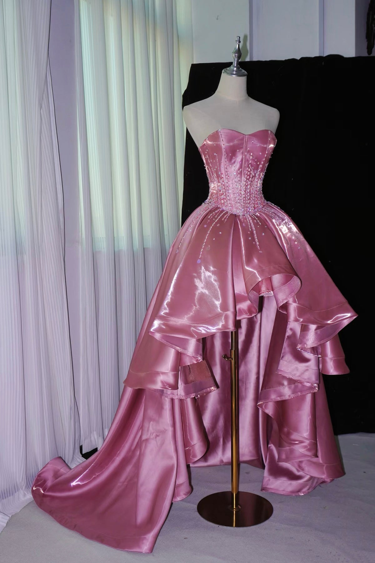 Pink Satin High-Low Ball Gown, Glistening Pearl-Embellished Corset Dress