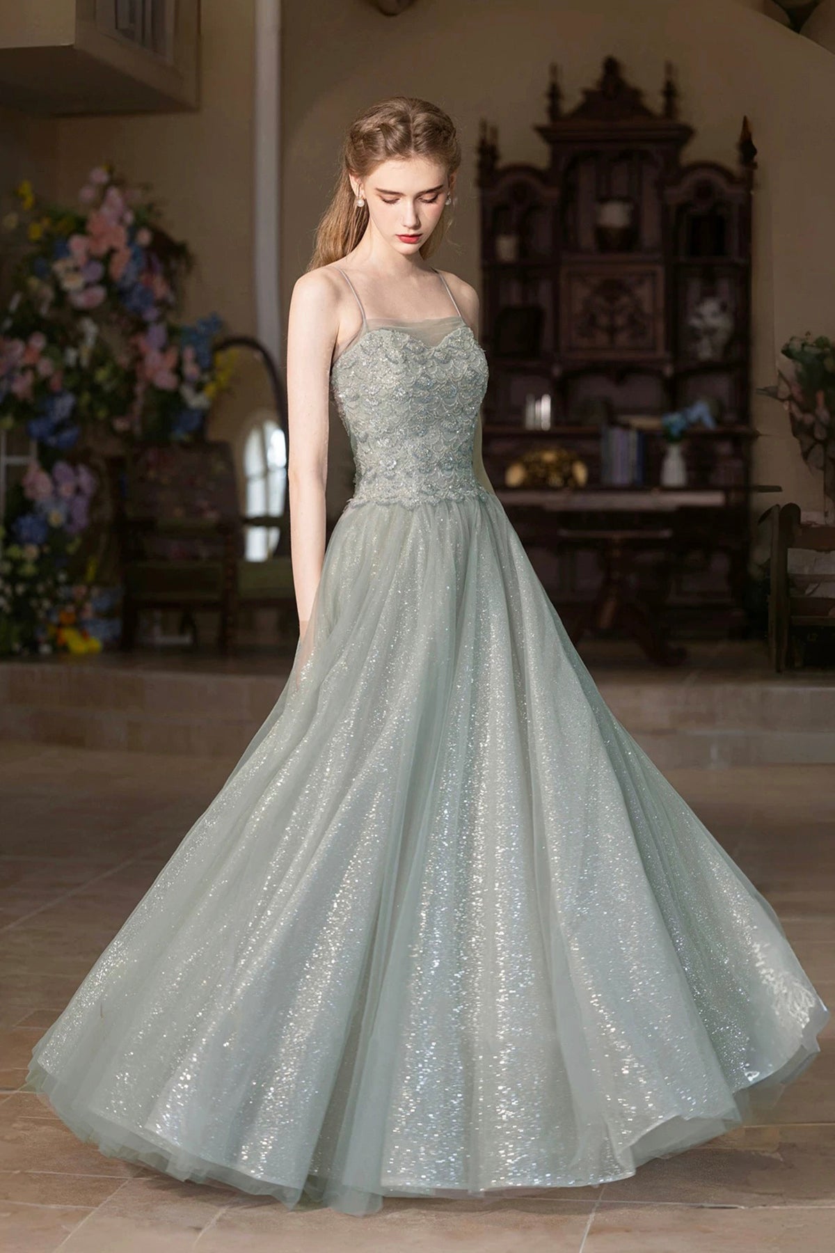 Beautiful A-Line Tulle Sequins Long Prom Dress, Gray Green Spaghetti Strap Party Dress