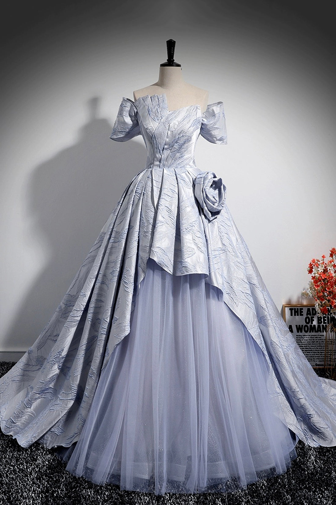Blue Floor Length Tulle Prom Dress, Off the Shoulder A-Line Evening Party Dress