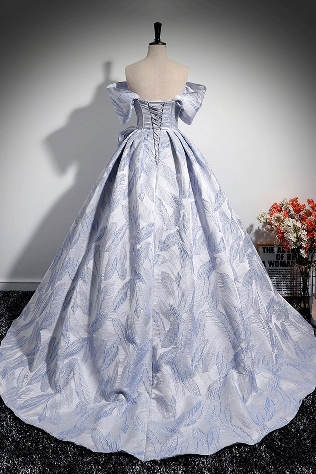 Blue Floor Length Tulle Prom Dress, Off the Shoulder A-Line Evening Party Dress