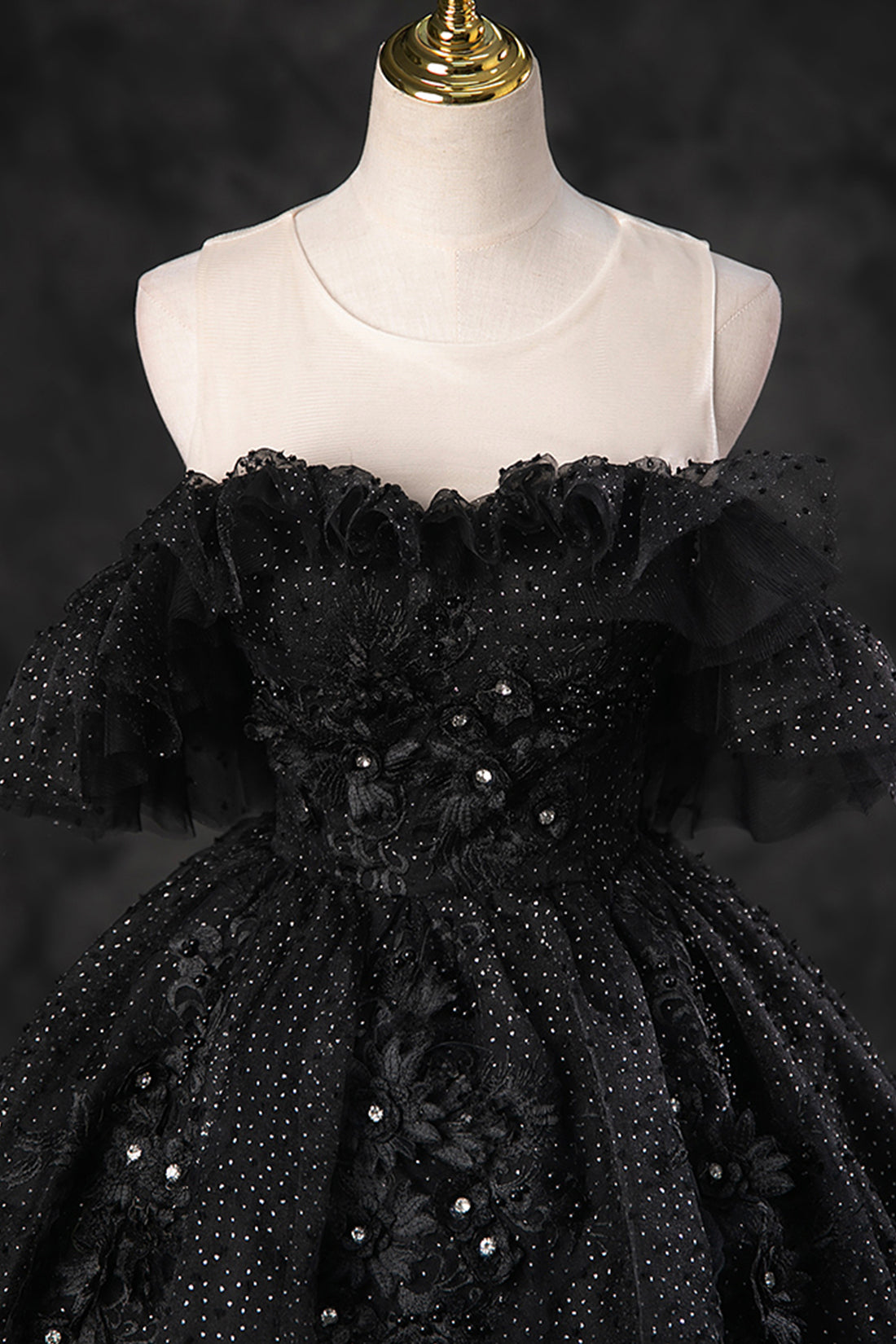Black Tulle Lace Long Prom Dress, Black A-Line Off the Shoulder Evening Party Dress