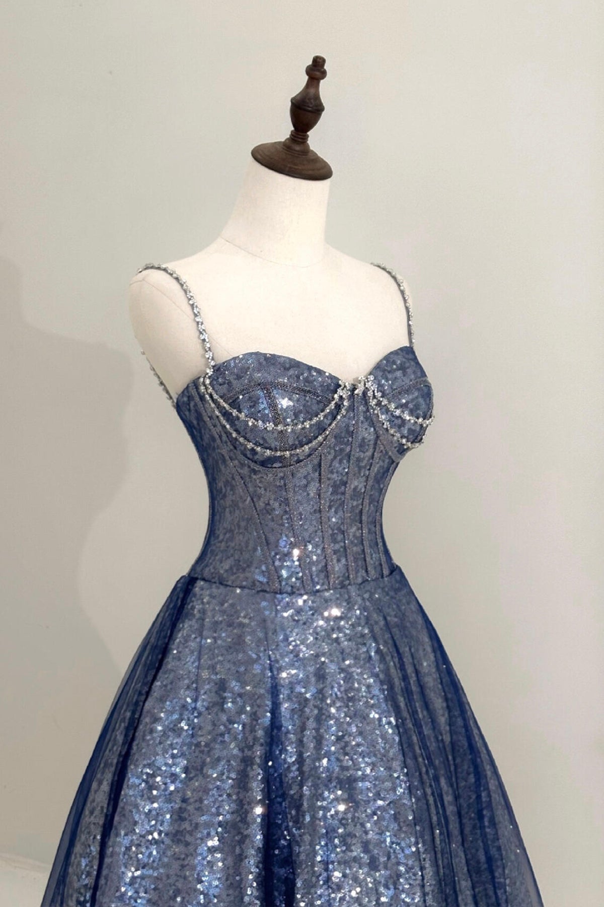 Blue Tulle Sequins Long Prom Dress, Blue Spaghetti Strap Evening Party Dress