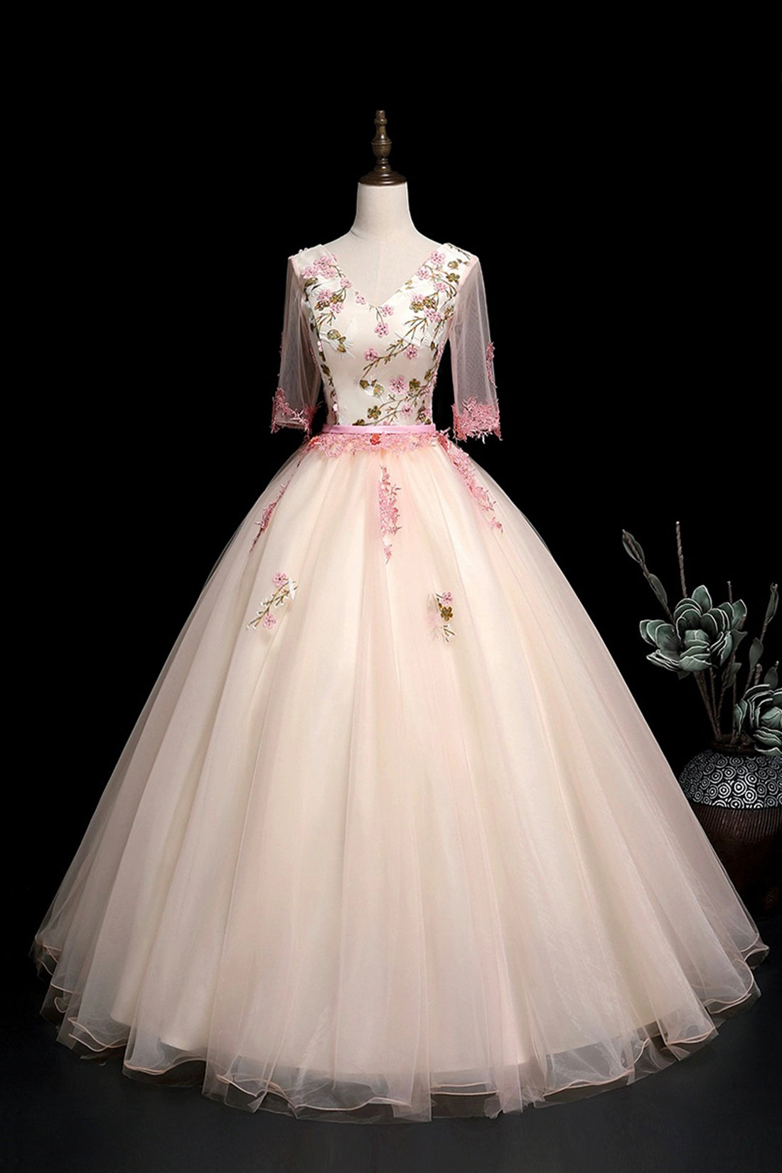 Champagne V-Neck Lace Long Prom Dress, A-Line 1/2 Sleeves Evening Party Dress