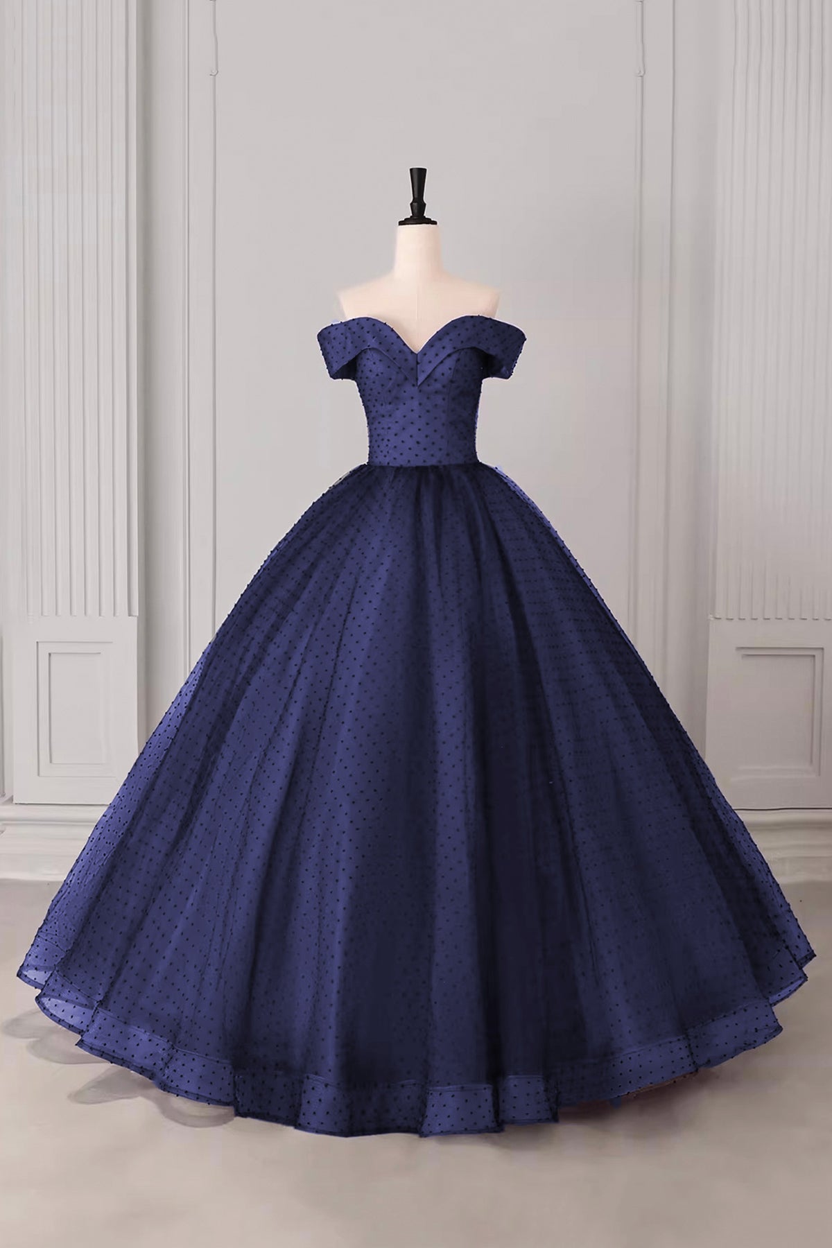 Nocturne Navy Blue Ball Gown with Black Polka Dot Tulle Off Shoulder Formal Dress