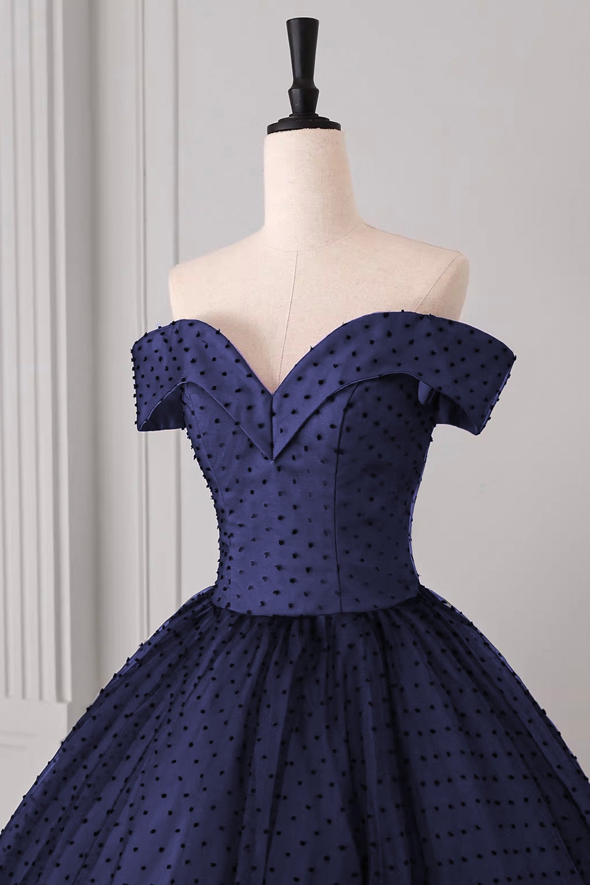Nocturne Navy Blue Ball Gown with Black Polka Dot Tulle Off Shoulder Formal Dress