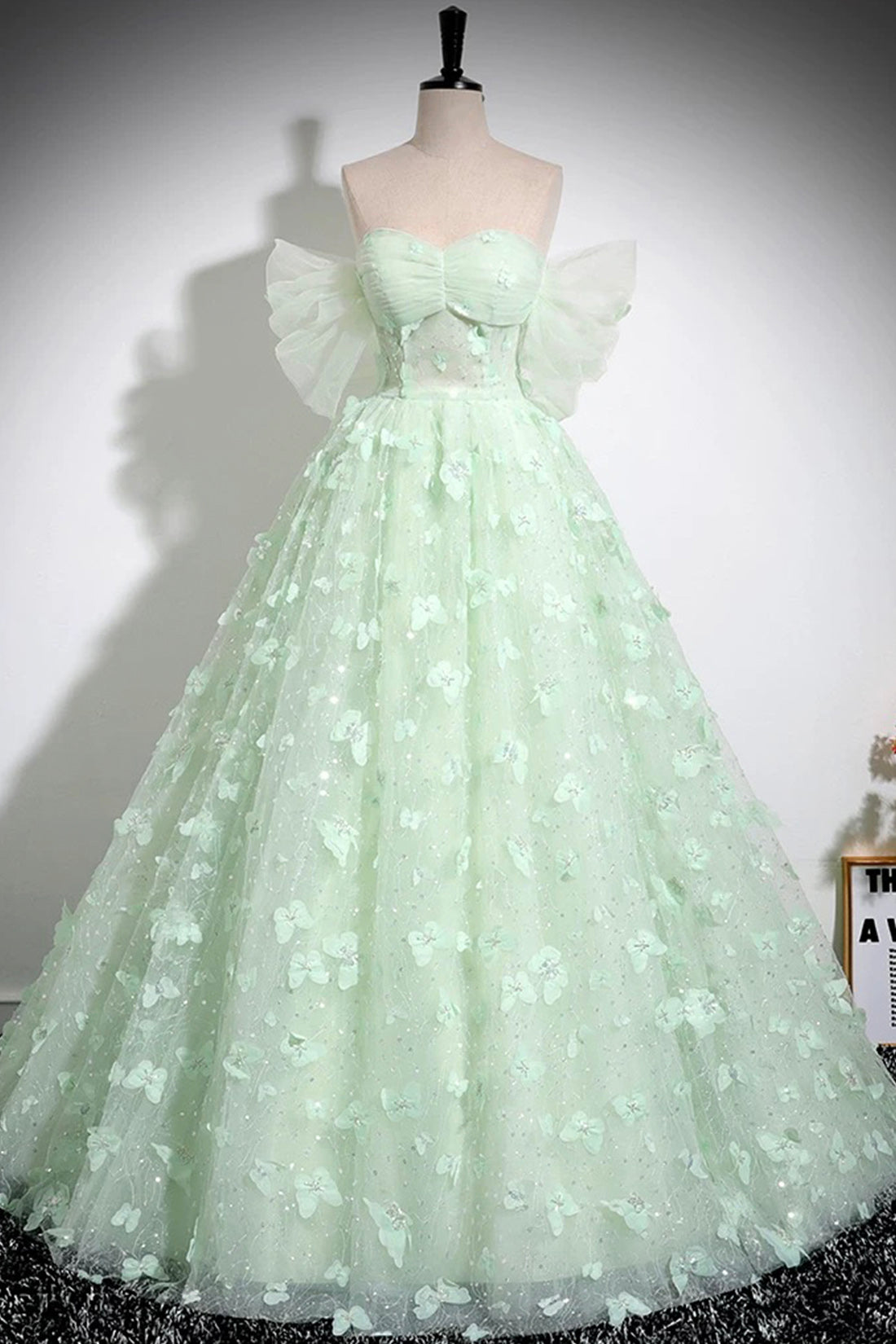 Green Tulle Floor Length Formal Dress, Lovely A-Line Off the Shoulder
