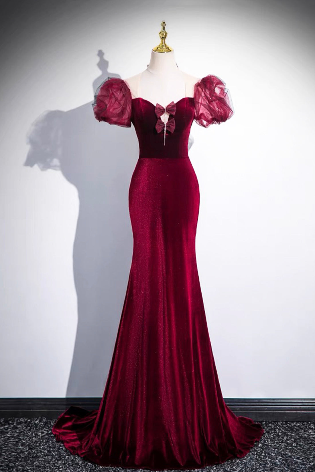 Burgundy Velvet Long Prom Dress, Mermaid Short Sleeve Party Dress wit Burgundy Velvet Long Prom Dress, Mermaid Short Sleeve Party Dress wit