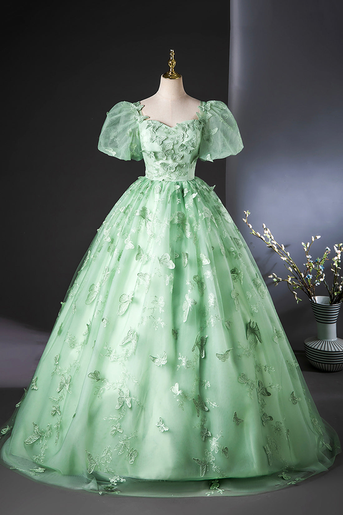 Green Tulle Long A-Line Prom Dress with Butterfly Lace, Beautiful Short Sleeve Evening Dress