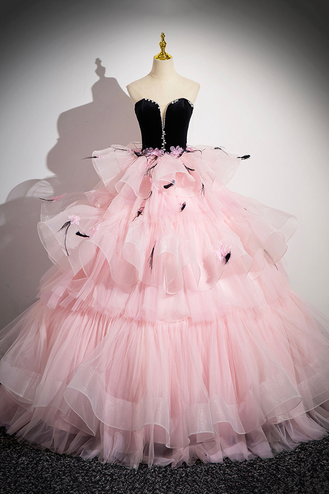 Black Velvet and Pink Tulle Strapless Ball Gown, Pink Backless Ruffles Black Velvet and Pink Tulle Strapless Ball Gown, Pink Backless Ruffles