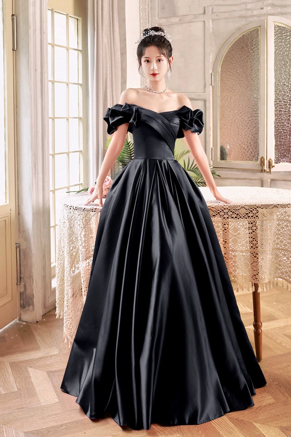 Black Satin Floor Length A-Line Prom Dress, Off the Shoulder Evening P Black Satin Floor Length A-Line Prom Dress, Off the Shoulder Evening P