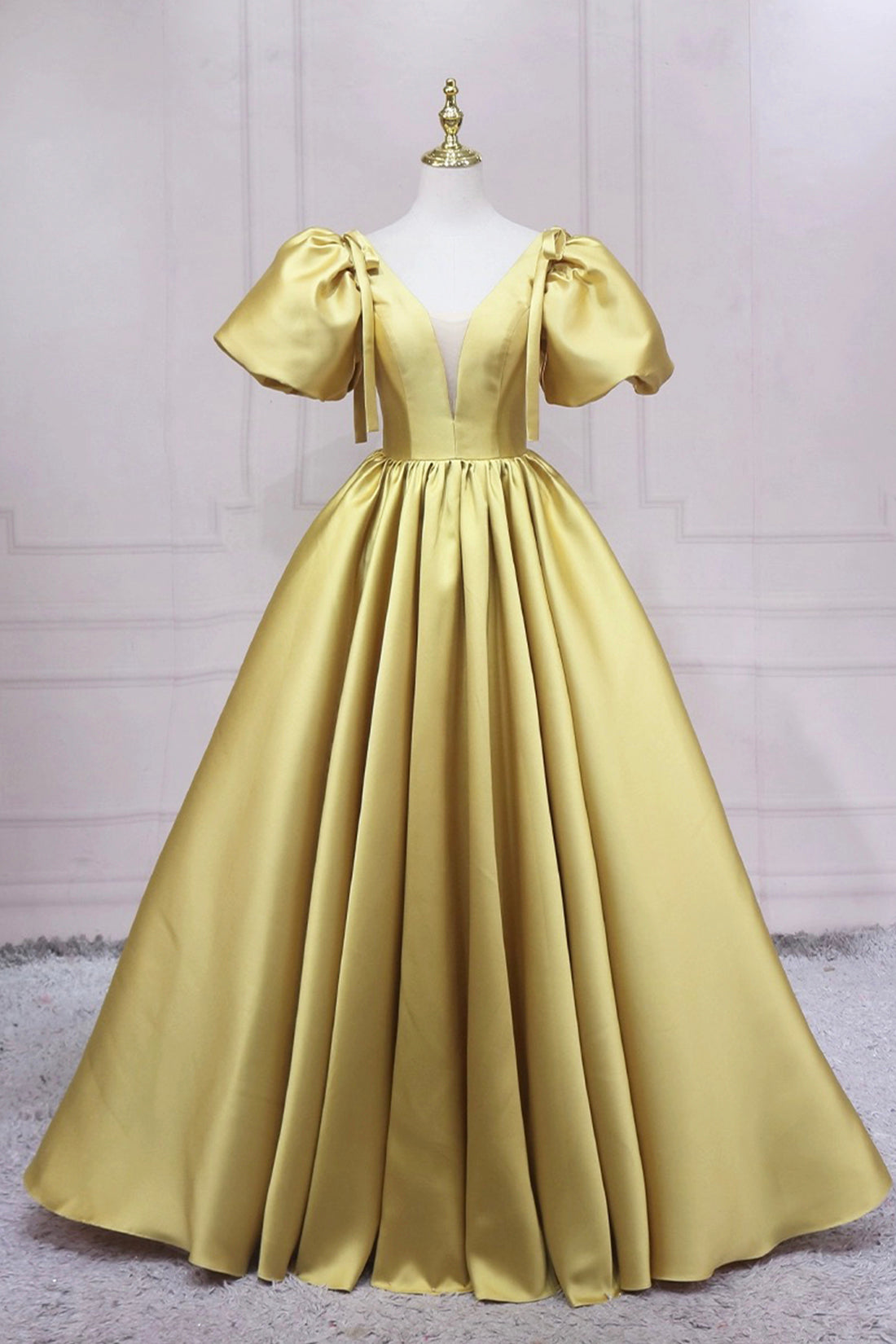 Yellow V-Neck Satin Long Prom Dress, A-Line Puff Sleeves Evening Party Dress