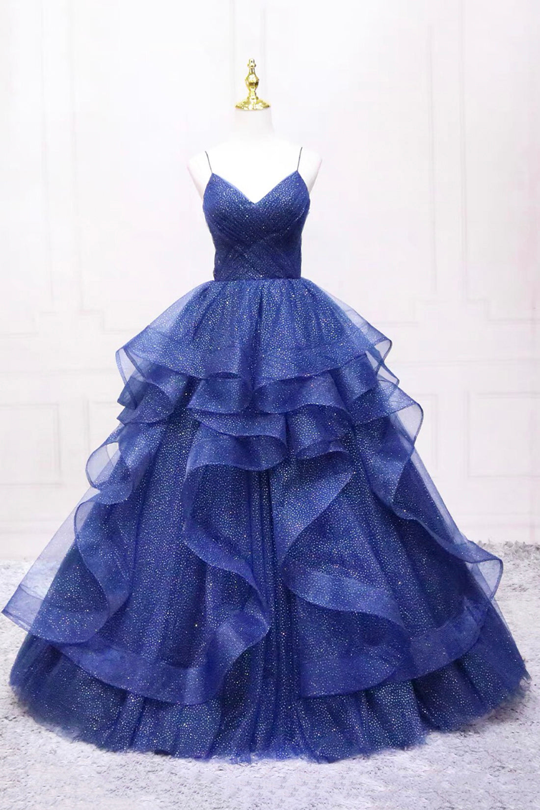 Dark Blue Tulle Layers Long Formal Dress, Blue Tulle with Straps Party