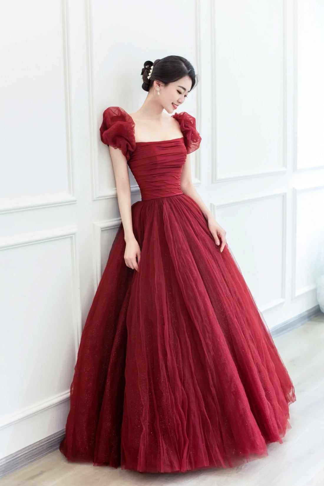 Burgundy Tulle Long A-Line Prom Dress, Beautiful Evening Graduation Dr Burgundy Tulle Long A-Line Prom Dress, Beautiful Evening Graduation Dr
