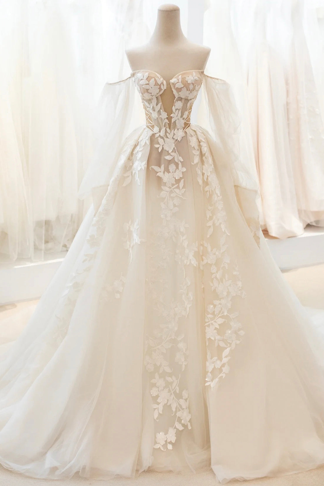 Champagne Lace Long A-Line Ball Gown, Off the Shoulder Evening Party Dress