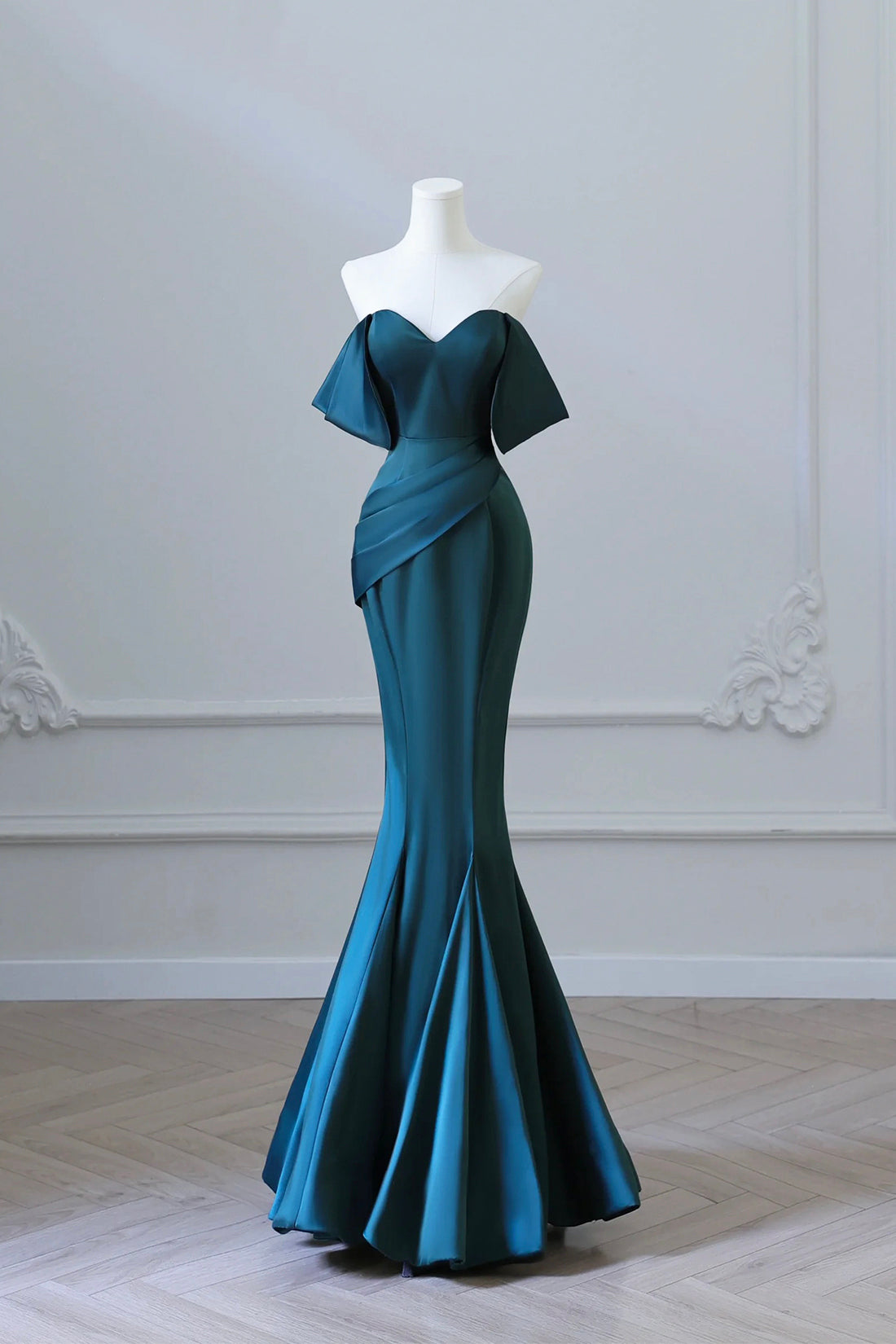 Simple Off Shoulder Satin Ink Blue Long Prom Dress, Ink Blue Mermaid F Simple Off Shoulder Satin Ink Blue Long Prom Dress, Ink Blue Mermaid F
