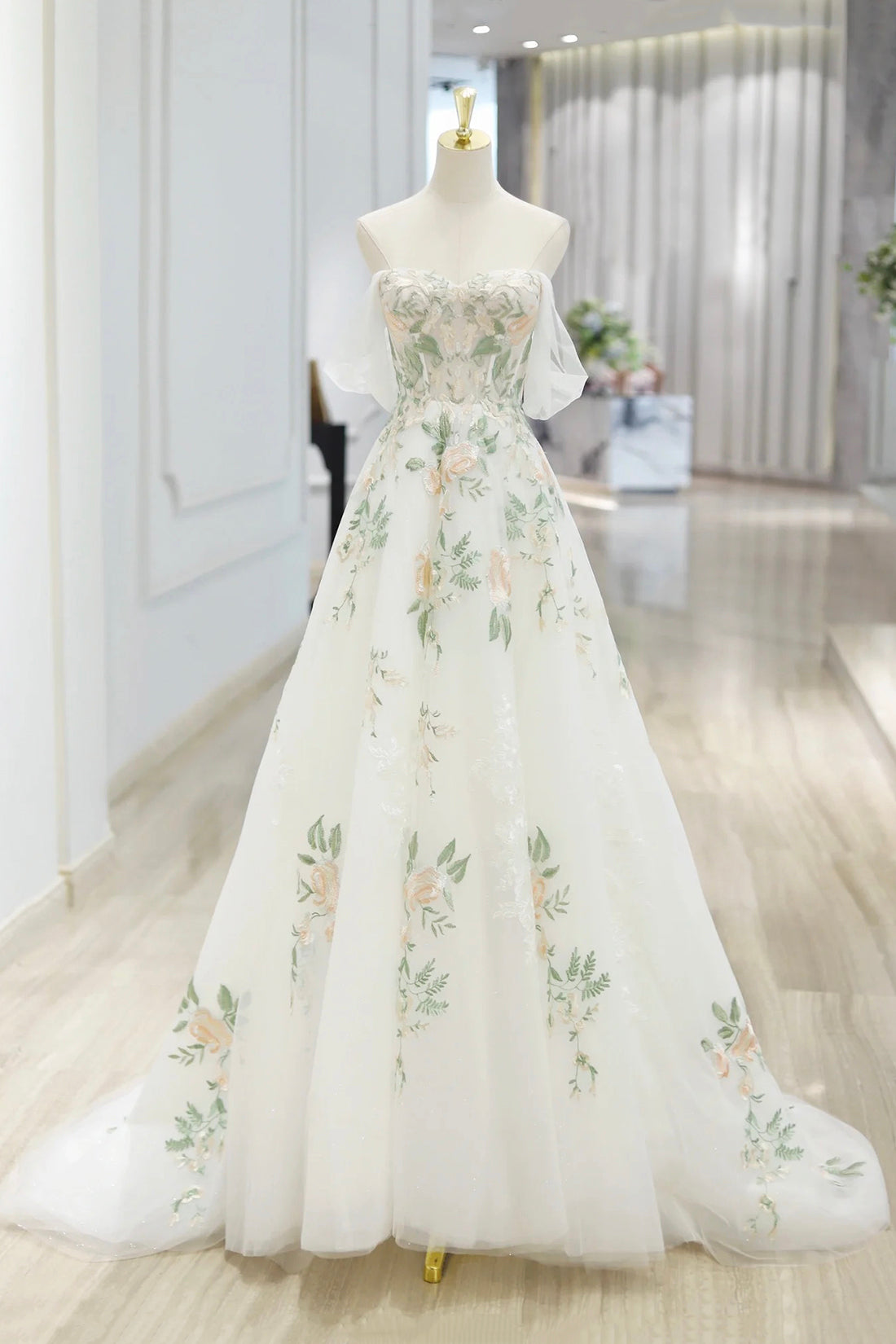 Beautiful Floral Lace Tulle Long Prom Dress, White Off the Shoulder Ev Beautiful Floral Lace Tulle Long Prom Dress, White Off the Shoulder Ev