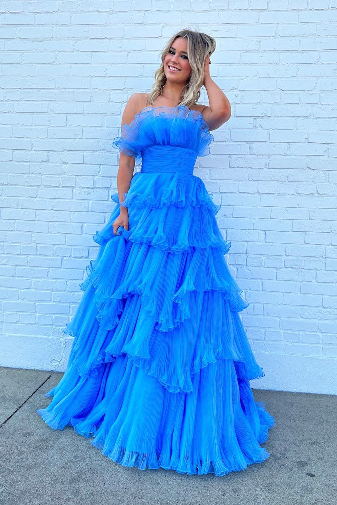 Blue Strapless Princess Tulle Layers Ruffles Long Prom Dress Blue Strapless Princess Tulle Layers Ruffles Long Prom Dress
