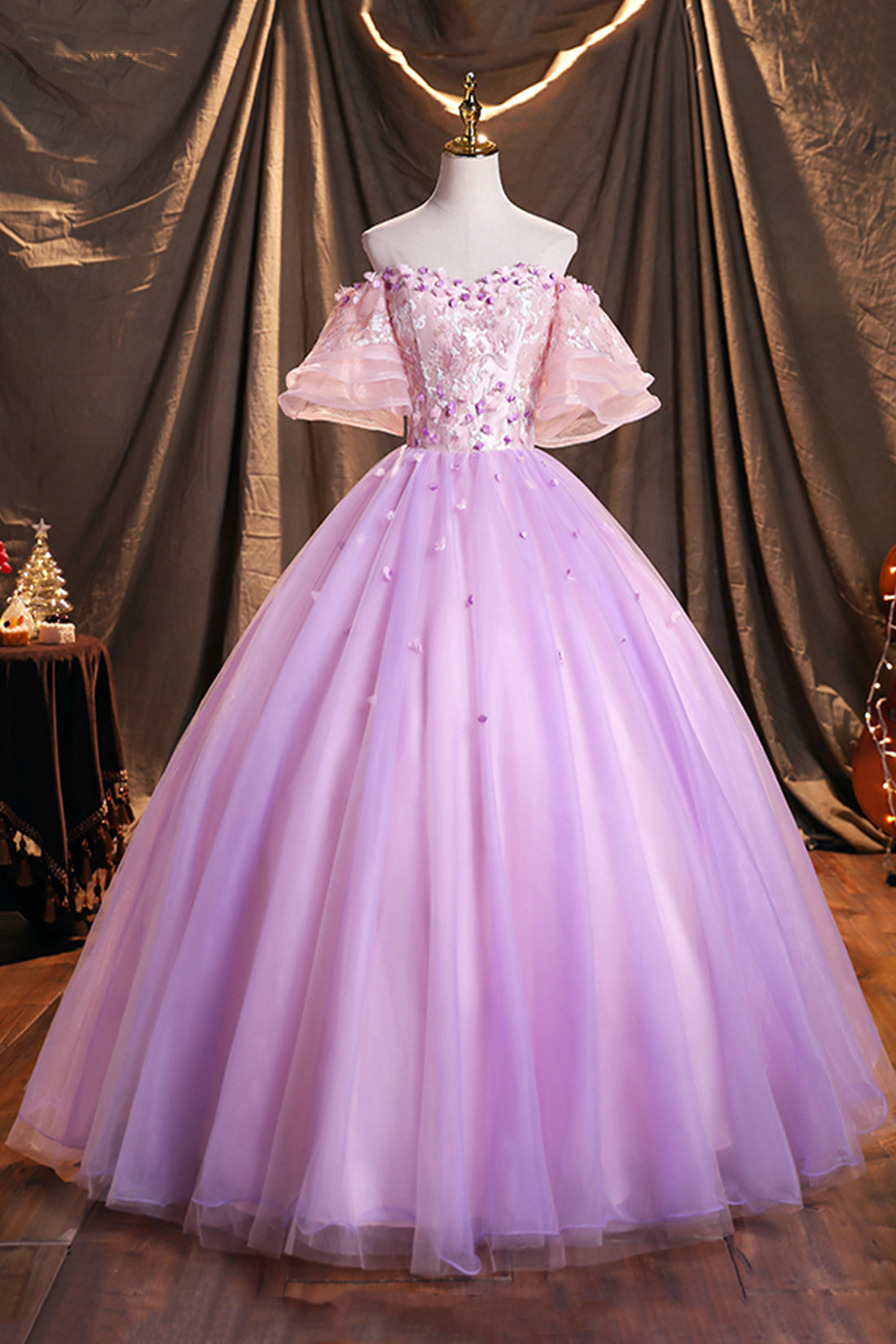 Purple Tulle Sequins Long Prom Dress, Beautiful Off the Shoulder Evening Party Dress