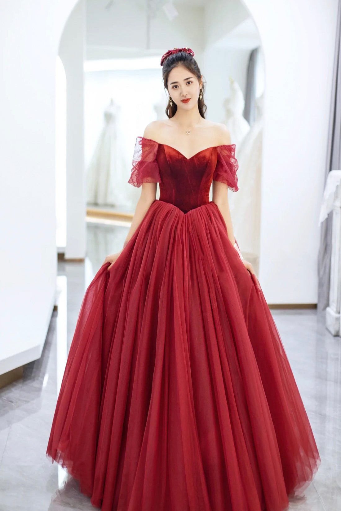 Elegant Tulle and Velvet Long Prom Dress, Off the Shoulder A-Line Even Elegant Tulle and Velvet Long Prom Dress, Off the Shoulder A-Line Even