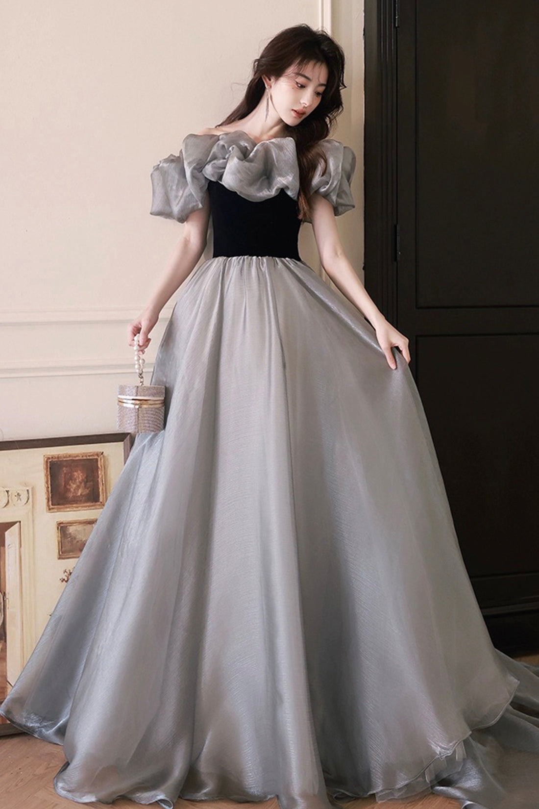 Gray Tulle and Black Velvet Long Prom Dress, Off the Shoulder Evening