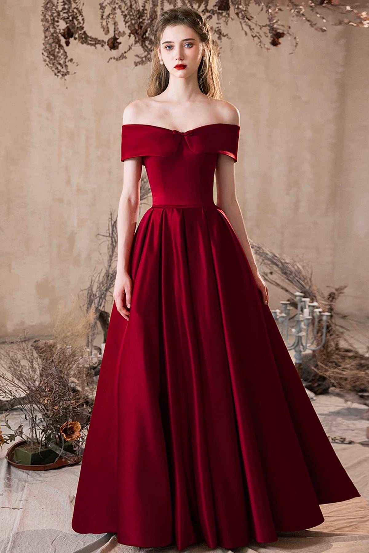 A-Line Burgundy Satin Long Prom Dress, Off the Shoulder Evening Party Dress