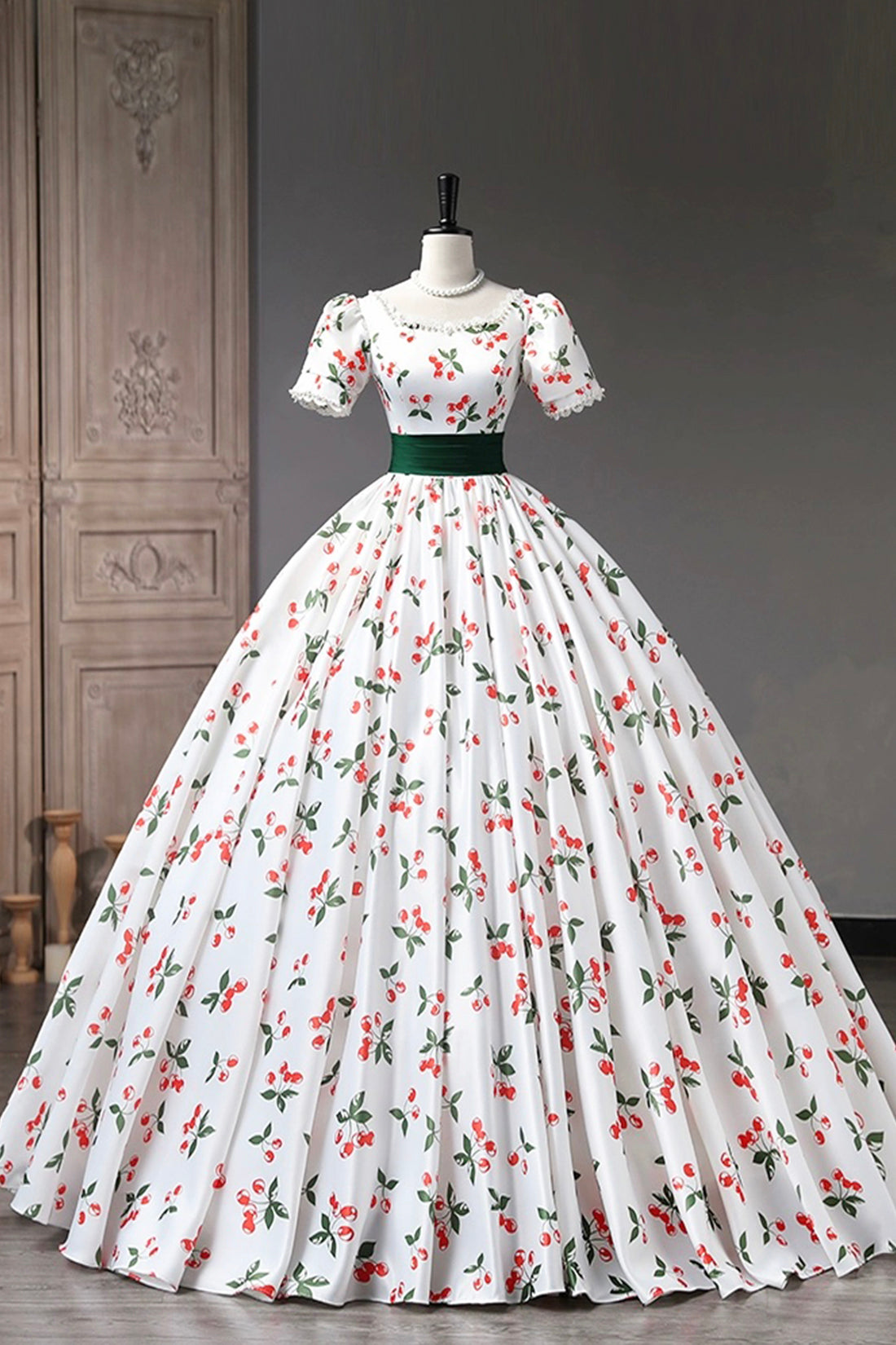 Cute Cherry Pattern Long Princess Prom Dress, White A-Line Evening Par Cute Cherry Pattern Long Princess Prom Dress, White A-Line Evening Par
