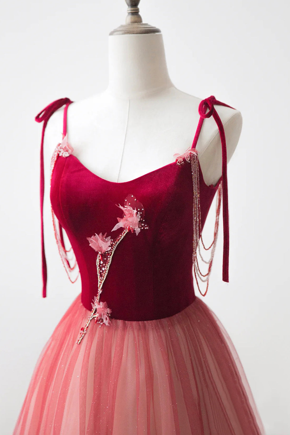 Burgundy Velvet Tulle Long Formal Dress, Beautiful A-Line Spaghetti Strap Evening Dress