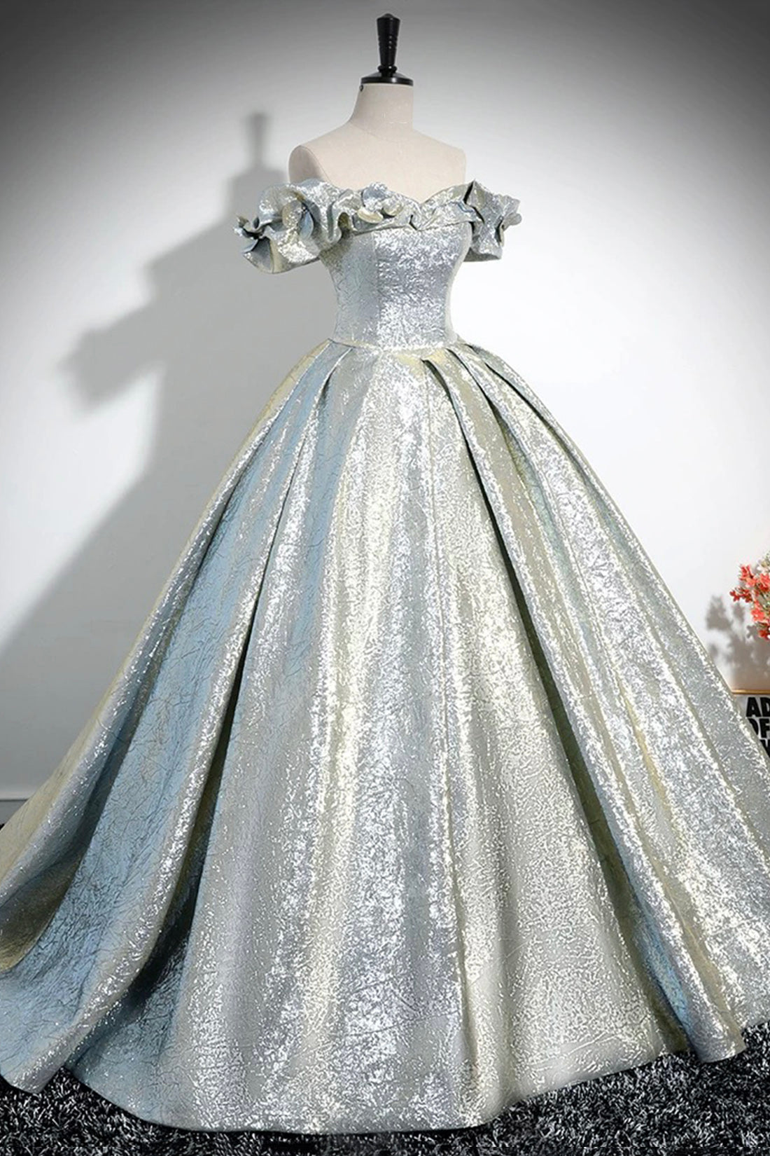 Silver Glitter Satin Off the Shoulder Prom Dress, A-Line Backless Floo
