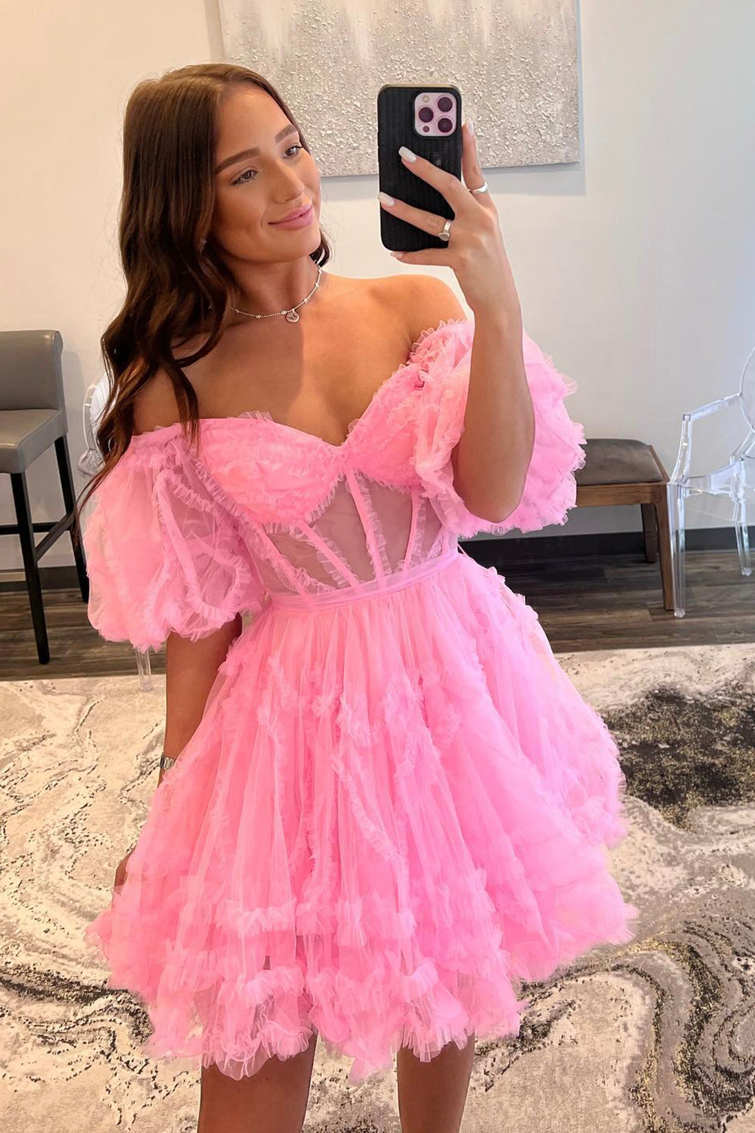 Pink Tulle Short A-Line Prom Dress, Cute Puff Sleeves Homecoming Dress Pink Tulle Short A-Line Prom Dress, Cute Puff Sleeves Homecoming Dress