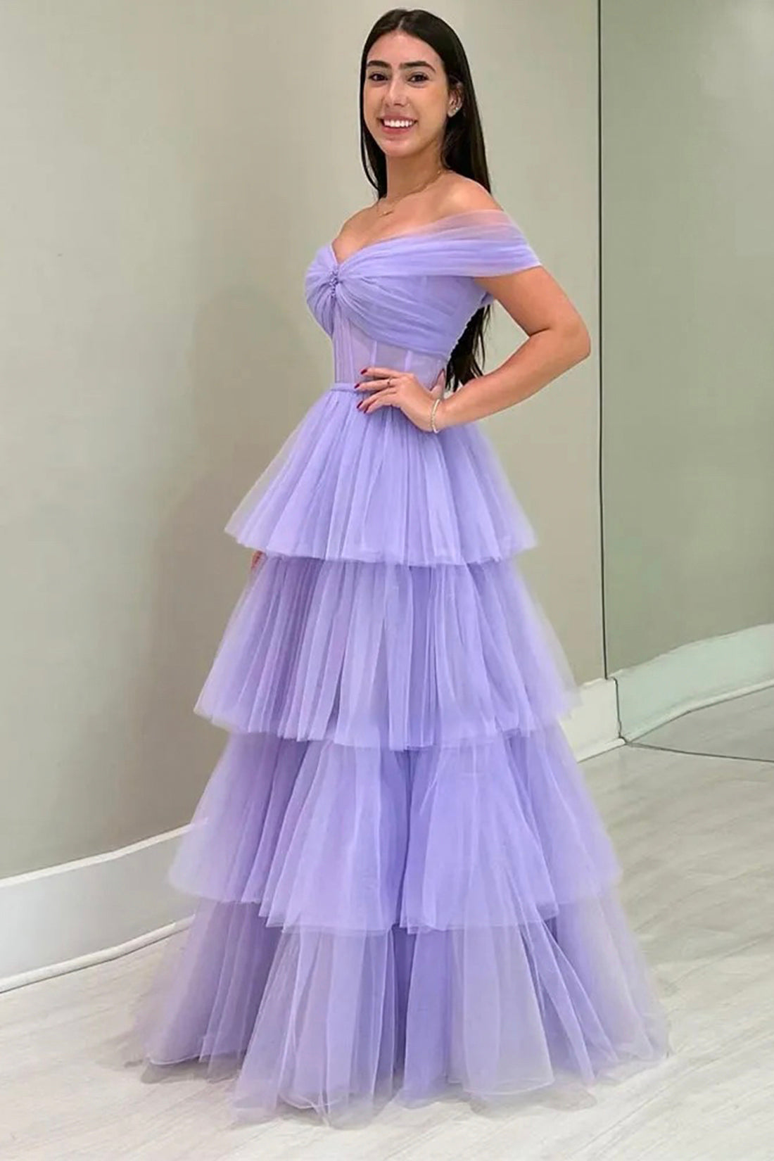 Purple Tulle Layers Long A-Line Prom Dress, Off the Shoulder Evening Party Dress