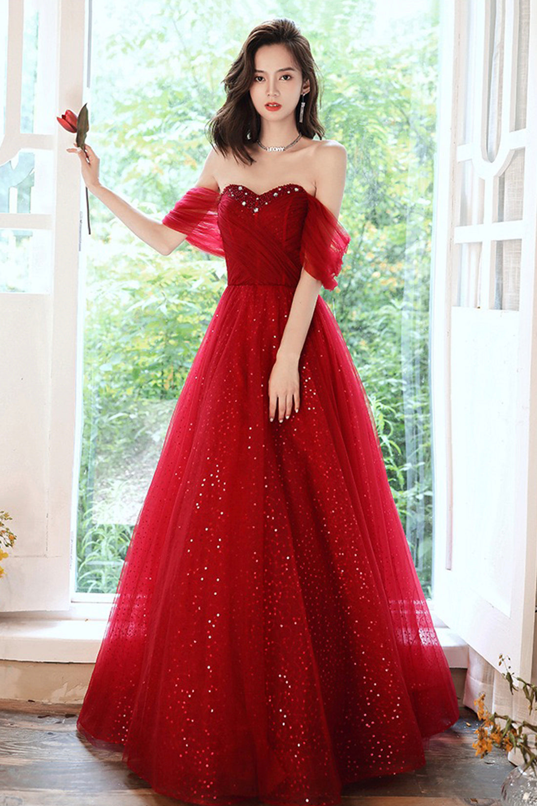 Beautiful Sweetheart Neckline Tulle Long Prom Dress, Off the Shoulder Evening Party Dress