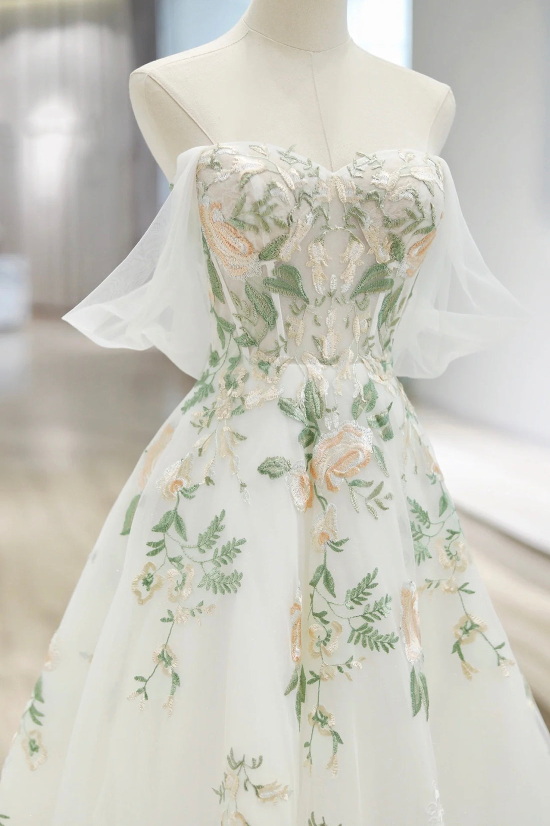 Beautiful Floral Lace Tulle Long Prom Dress, White Off the Shoulder Evening Party Dress