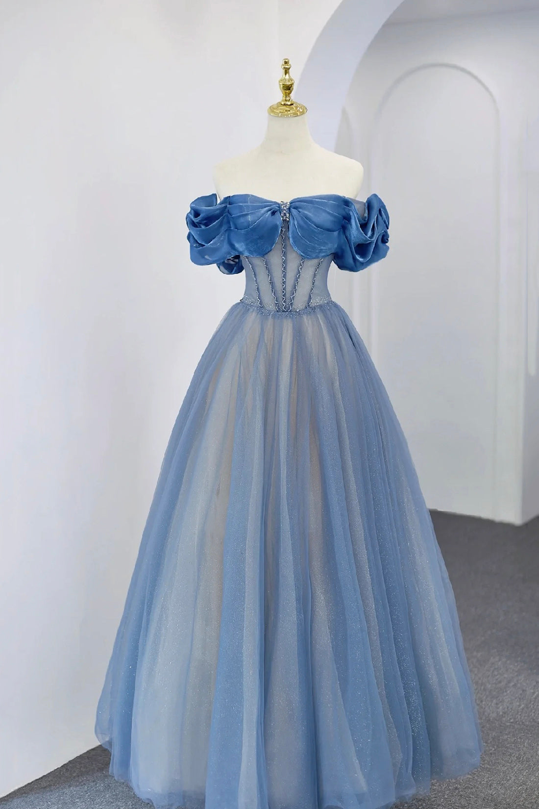Blue Tulle Beaded Floor Length A-Line Prom Dress, Elegant Off the Shou Blue Tulle Beaded Floor Length A-Line Prom Dress, Elegant Off the Shou