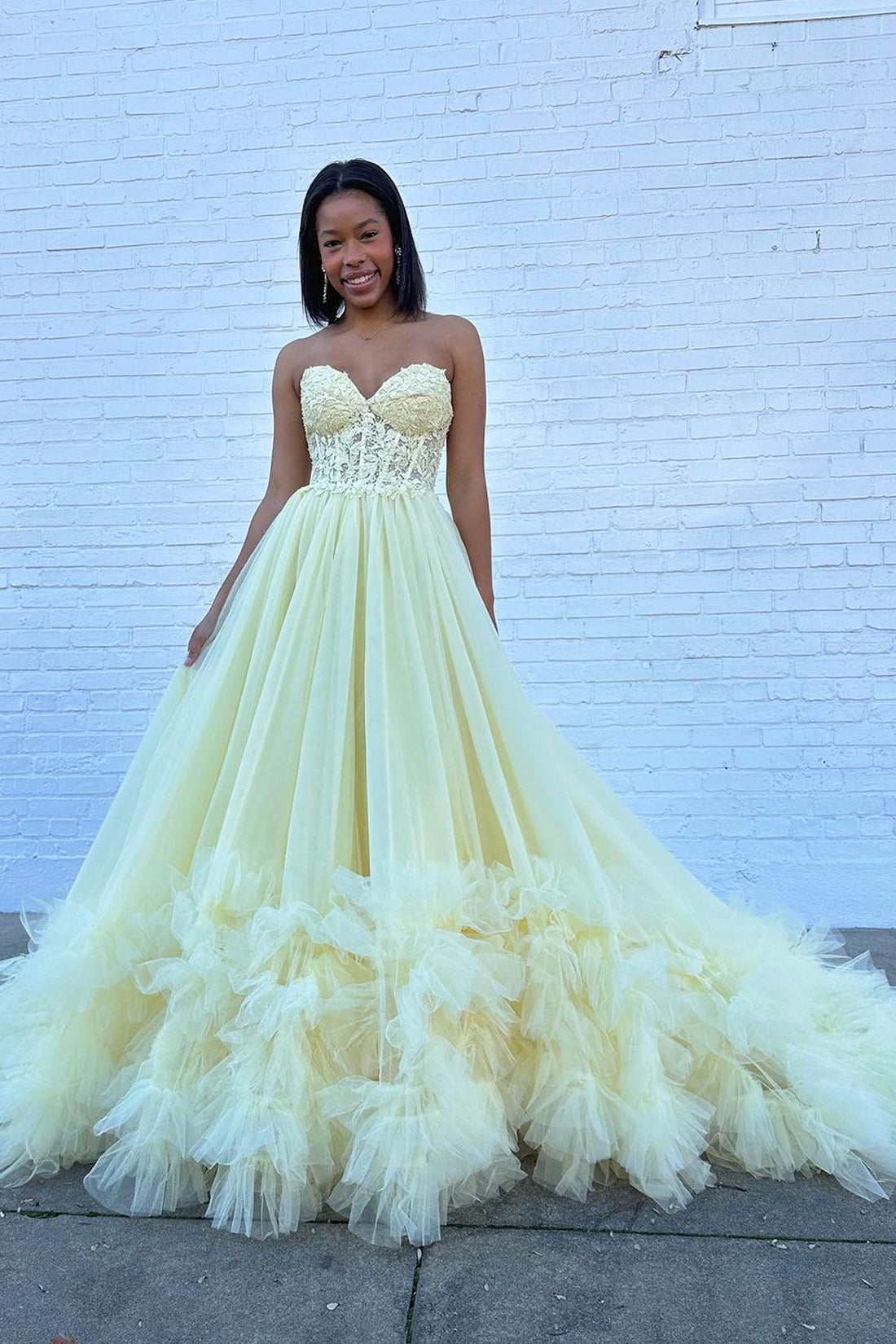 A-Line Yellow Sweetheart Corset Ruffle Prom Dress, Beautiful Tulle For