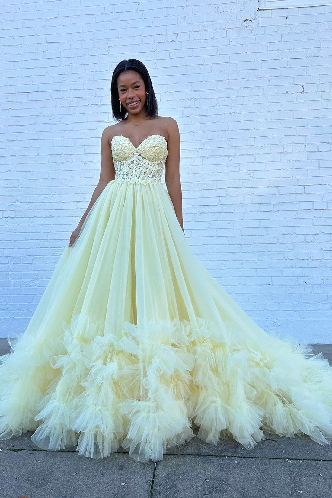 A-Line Yellow Sweetheart Corset Ruffle Prom Dress, Beautiful Tulle Formal Evening Dress
