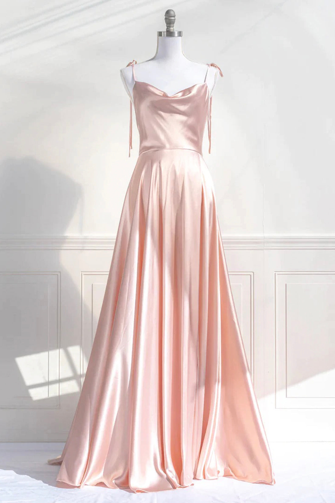 Simple A line pink satin long prom dress, pink evening dress