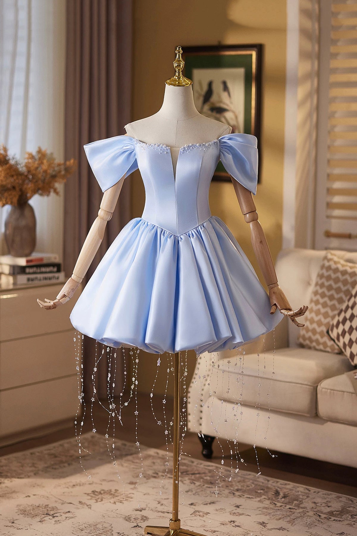 Light Blue Short Prom Dress with Tassels, A-Line Off-the-Shoulder Homecoming Gown