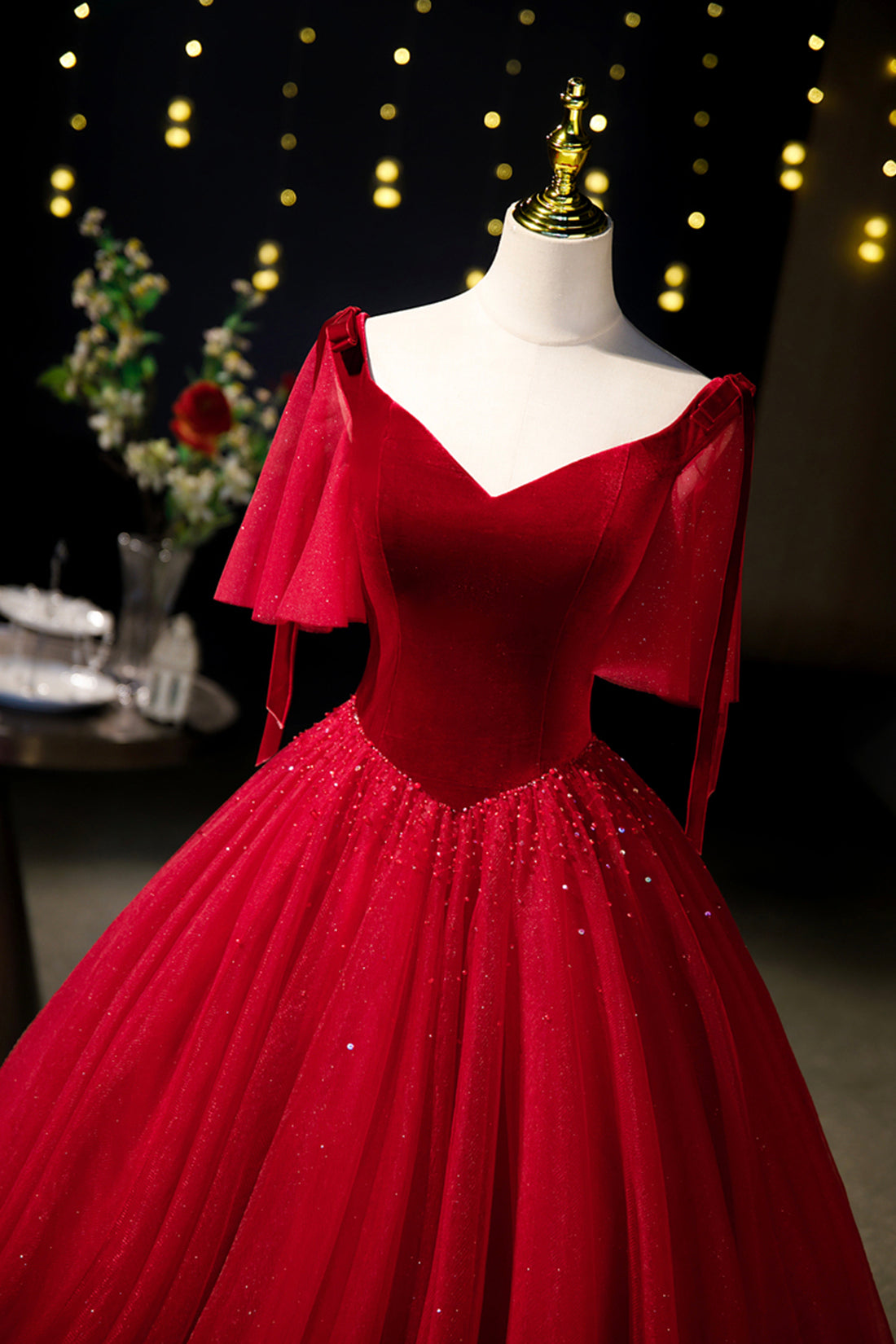 Burgundy Velvet and Tulle Long Prom Dress, A-Line V-Neck Formal Evening Dress
