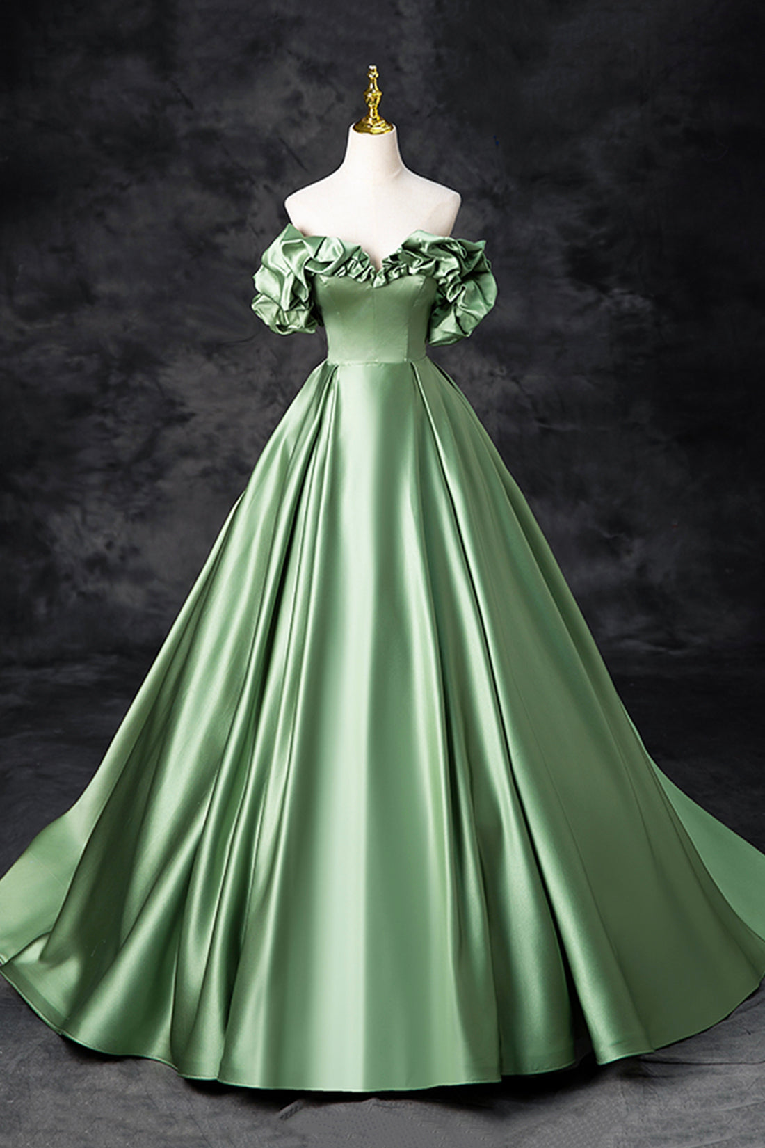 Green Satin Long A-Line Party Dress, Off the Shoulder Formal Evening D Green Satin Long A-Line Party Dress, Off the Shoulder Formal Evening D