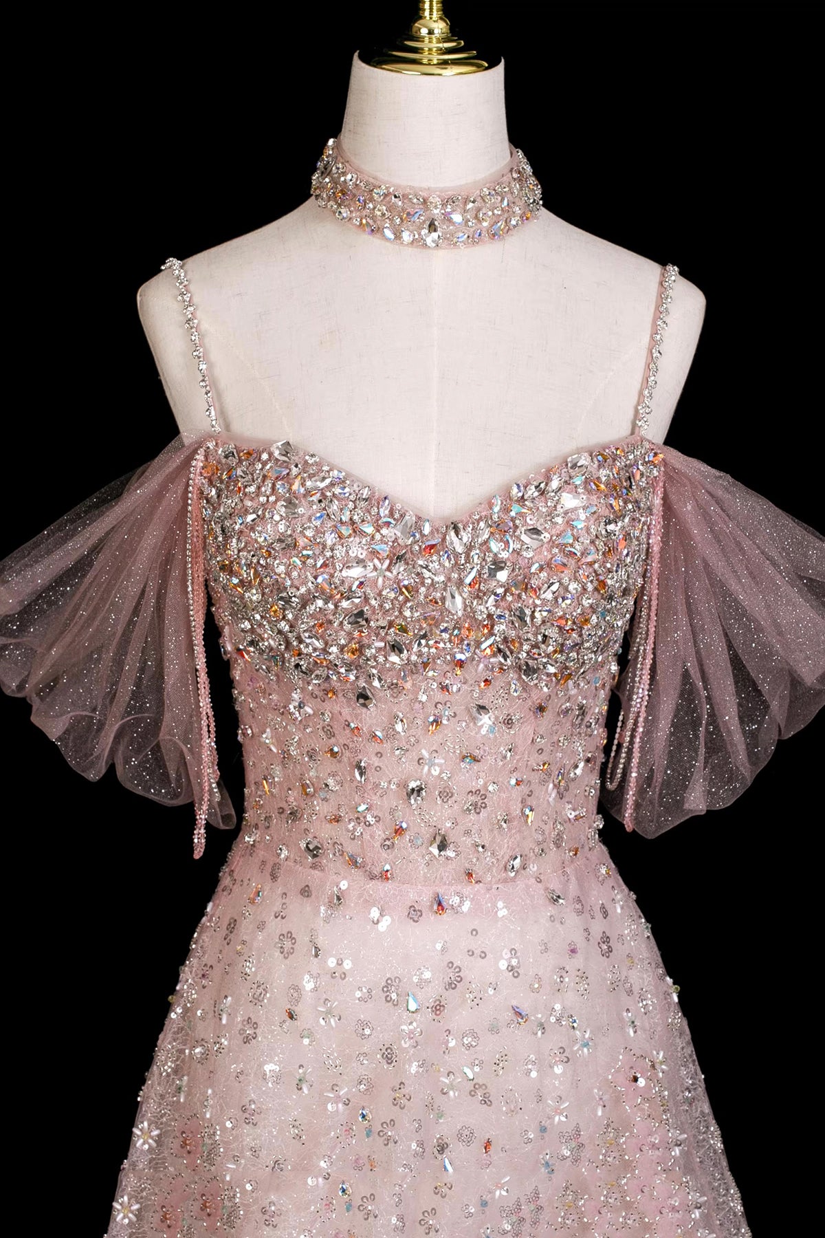 Sparkly Pink Sequin Evening Dress Off Shoulder A-Line Formal Gown