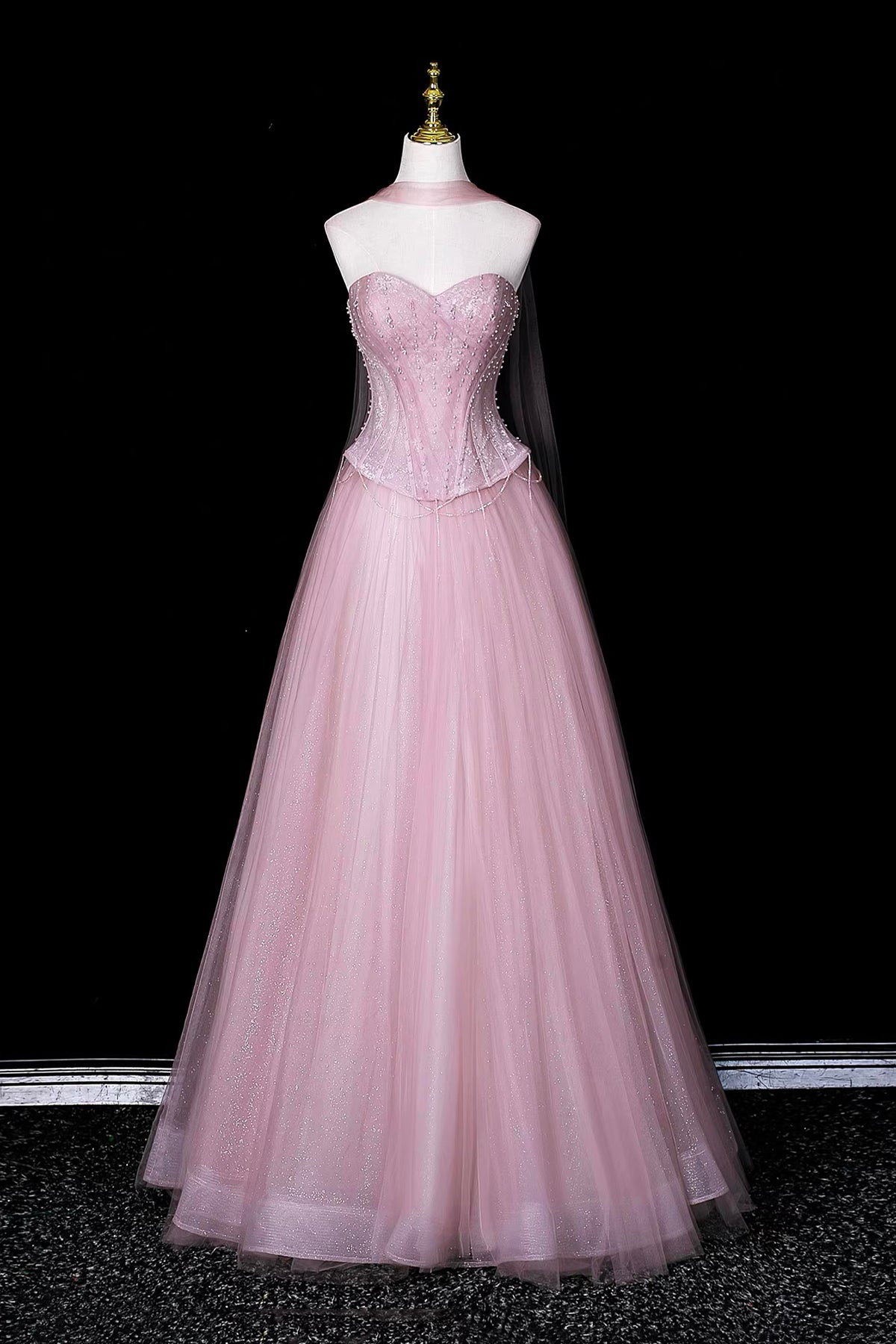Sparkling Pink Tulle Ball Gown, A-line Sweetheart Neck Party Dress with Beaded Bodice