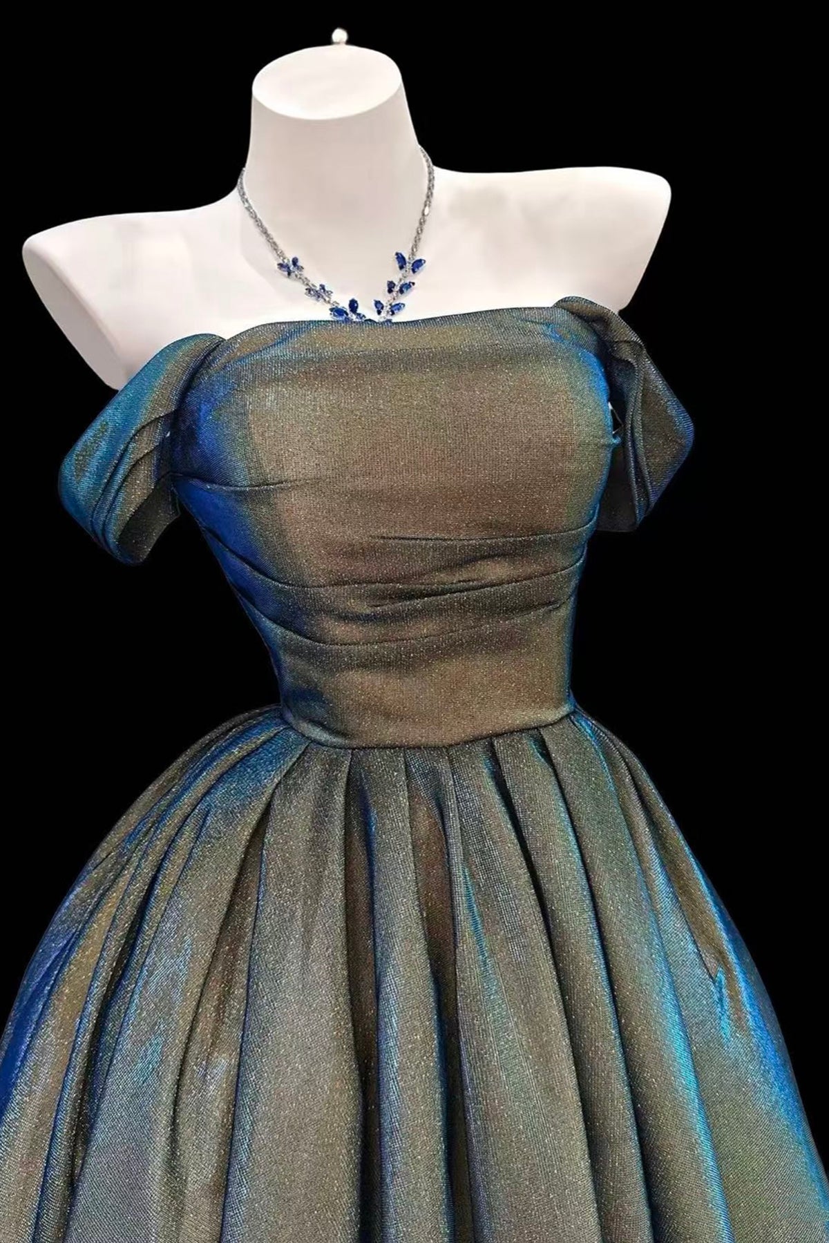 Iridescent Gunmetal Glitter Mini Dress - A-Line Off the Shoulder Party Cocktail Gown