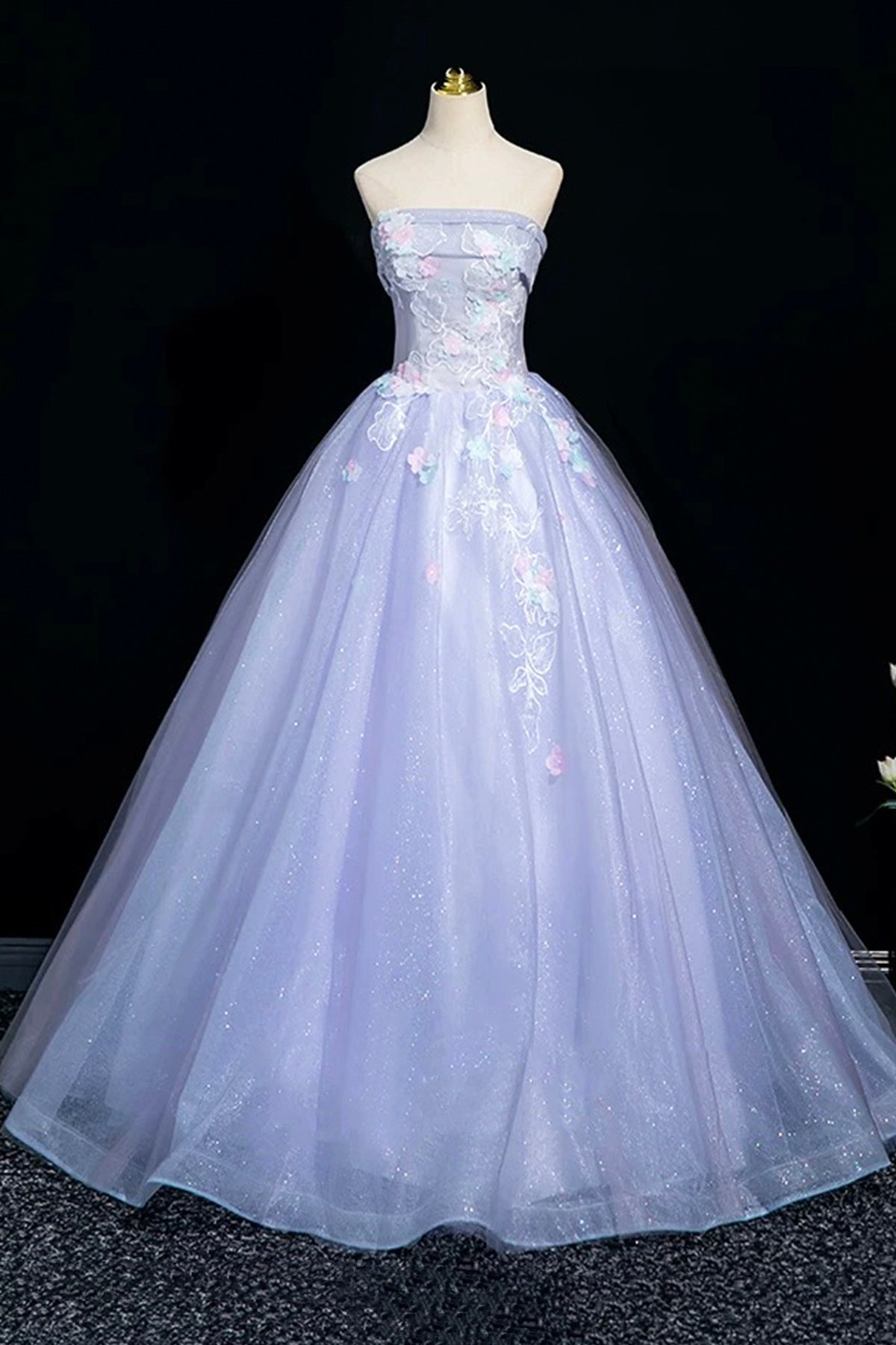 Light Purple Tulle Lace Long Prom Dress, A-Line Strapless Evening Party Dress