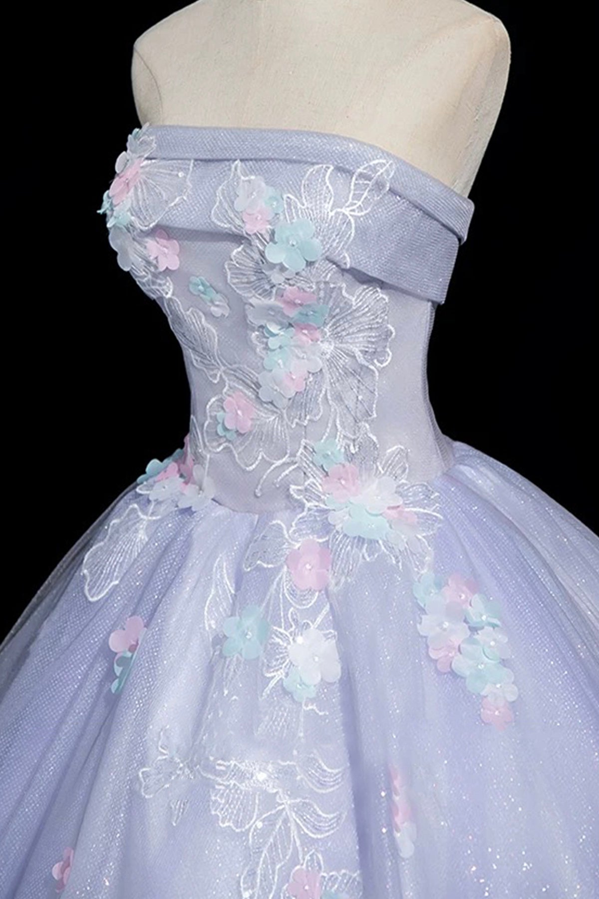 Light Purple Tulle Lace Long Prom Dress, A-Line Strapless Evening Party Dress