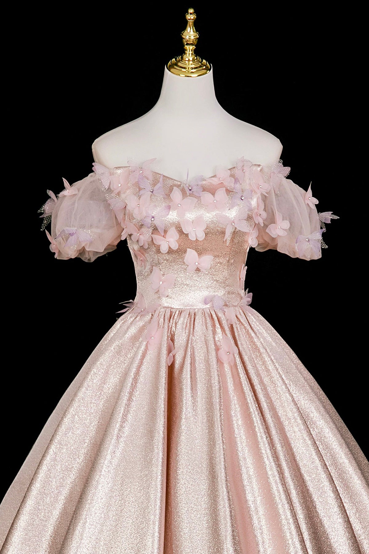 Pink Satin Long Prom Dress with Butterfly, Beautiful Off the Shoulder Party Dress