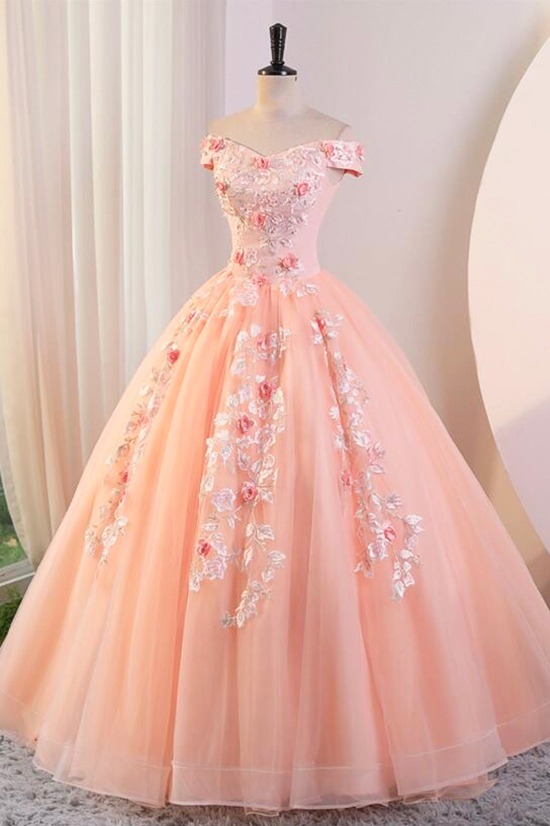 Pink Tulle with Flowers Long Formal Dresses Party Dress, Ball Gown Sweet 16 Dresses